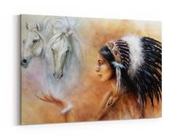 Obraz na płótnie - Indyjska kobieta z dwoma białymi końmi - 5011